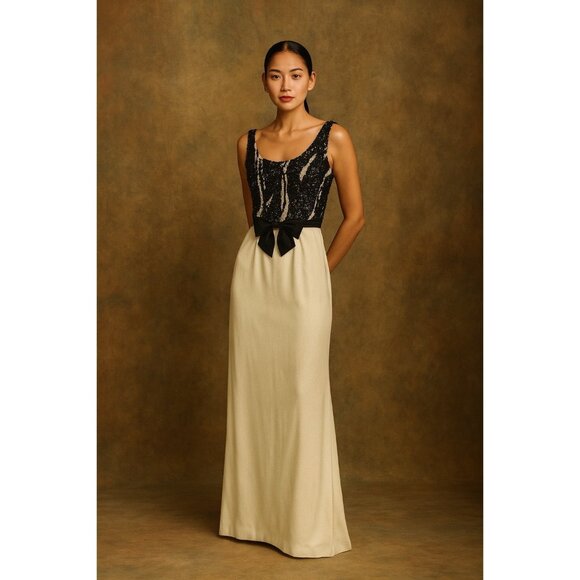 vintage 60s BEADED COLUMN MAXI DRESS formal sequins bow cocktail black ivory XS - Picture 1 of 15